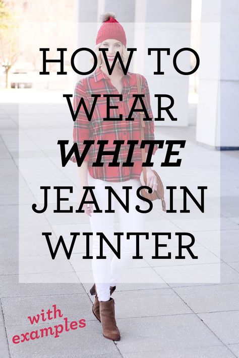 White Denim In Winter, White Jeans With Black Boots, White Jeans For Winter, White Winter Jeans Outfit, White Jeans Outfit Winter Boots, White Denim Pants Outfit Winter, White Jeans Christmas Outfit, What To Wear With White Jeans In Winter, White Pants In Winter Outfits