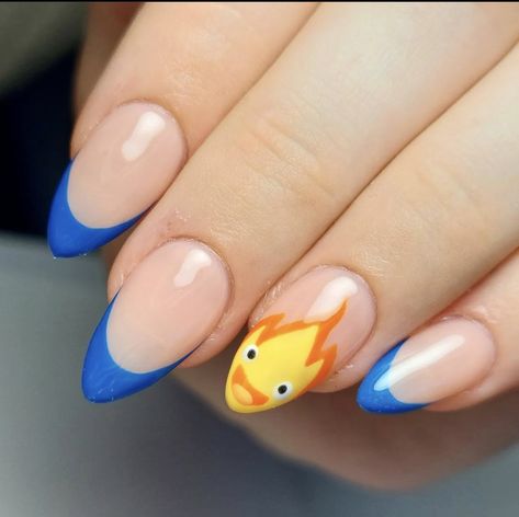 Nail Ideas Anime Simple, Nails Design Funky, Gel Nail Designs Colorful, Calcifer Nail Art, Nerdy Nail Designs, Anime Style Nails, Charmander Nails, Howls Moving Castle Nails Simple, Howls Moving Castle Nail Design