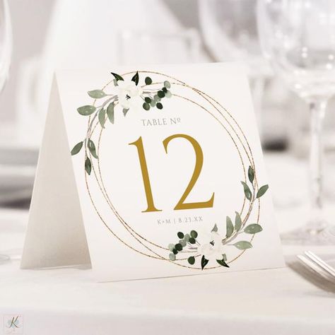 Liven up your wedding reception or event tables with these trendy geometric watercolor greenery wedding table numbers. Featuring faux gold foil swirls and romantic watercolor greenery, this design is the perfect way to show off your bridal style! Simply edit your numbers and initials in free Adobe Reader, print on 8.5 Numbering Tables For Wedding, Classy Table Numbers, Table Number, Wedding Table Number, Gold Wedding Table Number, Garden Party Wedding Table Numbers, Table Numbers Wedding Eucalyptus, Wedding Table Menus, Wedding Table Numbers Template