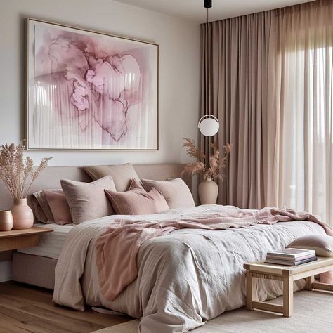 11+ Modern Master Bedroom Wall Decor Ideas in Pink • 333+ Art Images Blush Bedroom Accessories, Mauve Apartment, Blush Beige Black Bedroom, Soft Pink Neutral Bedroom, Smokey Pink Bedroom, Neutral And Blush Bedroom, Light Pink Master Bed, Dusty Rose Pink Bedroom, Paintings Over Bed