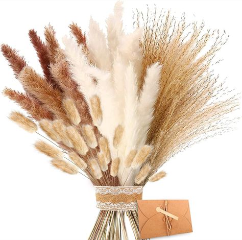 Set of Natural Dried Flowers, Brown & White Pampas Grass with Fluffy Fronds, Lagurus and Reed Flower Dried Bouquet for Flower Arrangements & Home Decor Pampas Grass Bouquet, Grass Decor, Pampas Grass Decor, Dried Bouquet, Bohemian Flowers, Dried Flower Bouquet, Wedding Flower Arrangements, Boho Interior, Boho Living Room