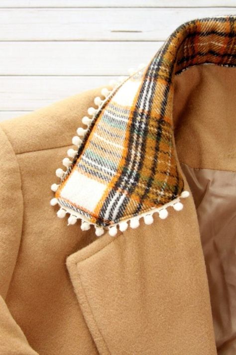 14 Stunning Coat Refashions • Heather Handmade Diy Jacket Refashion, Plaid Flannel Fabric, Embellished Coat, Upcycled Jackets, Flannel Coat, Coat Collar, Clothing Upcycle, Coat Pattern Sewing, Upcycle Clothes Diy