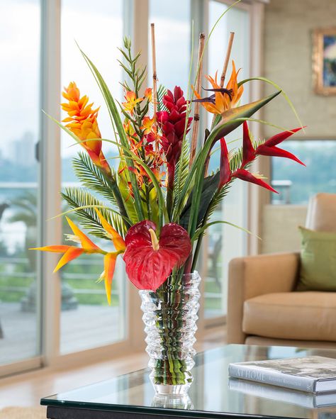 Lush Tropical Silk Flower Arrangements and Plants at Petals Hawaiian Flower Arrangements, Tropical Centerpieces, Tropical Floral Arrangements, Tropical Flower Arrangements, Ginger Flower, Large Flower Arrangements, Spring Floral Arrangements, Flower Decorations Diy, Flower Vase Arrangements