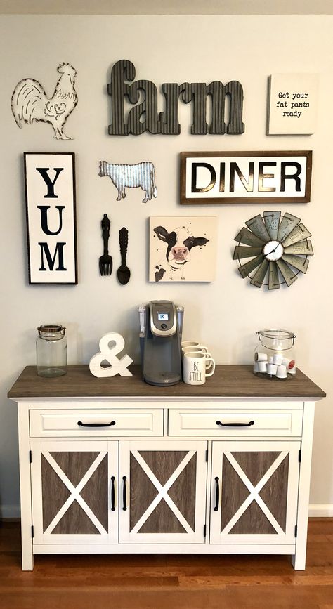 Rustic Farmhouse Gallery Wall Ideas, Rustic Farm Kitchen Decor, Farmhouse Wall Kitchen Decor, Picture Wall Ideas For Kitchen, Country Coffee Bar Ideas, Farmhouse Kitchen Wall Collage, Galvanized Farmhouse Decor, Farmhouse Kitchen Gallery Wall, Farmhouse Cow Kitchen