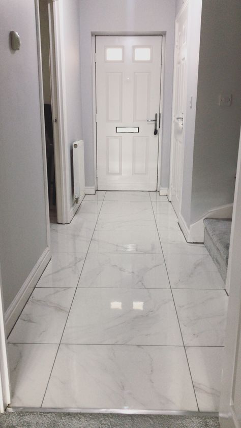 Hallway with polished marble tiles and Dulux ‘Polished Pebble’ paint White Marble Flooring Design, Marble Tiles Hallway, Marble Hallway Floor, Marble Tile Hallway, White Marble Entryway Floor, Marble Hallway, White Marble Hallway Floor, Hall Marble Floor Design, Hall Tiles Floor