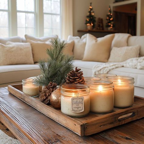 christmas_coffee_table_decor_living_rooms_farmhouse (15) Christmas Decor For Ottoman Tray, Rustic Coffee Table Decor Ideas, Christmas Decor Coffee Table, Christmas Coffee Table, Coffee Table Trays, Table Trays, Farmhouse Winter Decor, Christmas Coffee Table Decor, Coffee Table Inspiration