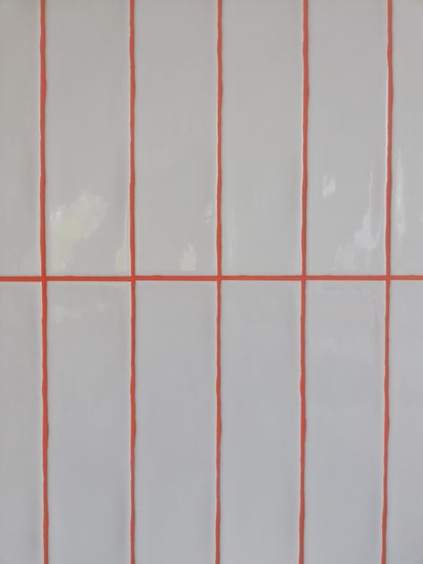 White Tiles Orange Grout, Orange Grout Bathroom, White Tile Red Grout, Orange Bathroom Tiles, Orange Grout, Orange Tile Bathroom, Orange Tile, Cream Tile, Burger Shop