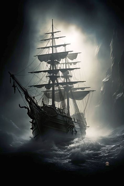 Embark on a captivating journey with our "Ghostly Night Voyage" art print, featuring an old galleon ship braving stormy seas under the cloak of night. This evocative piece of dark maritime art captures the thrill of nautical adventure and mystery. The ship emerges from turbulent waves, flanked by towering cliff faces that add a sense of perilous beauty. A haunting misty light emanates from behind the vessel, casting an eerie and ghostly glow that enhances the atmospheric allure of the scene. Ghost Ship Drawing, Ghost Ship Aesthetic, Pirate Ship Aesthetic, Mission Aesthetic, Pirates Drawing, Ghost Ship Art, Escape Art, Ghost Ships, Pirate Ship Art