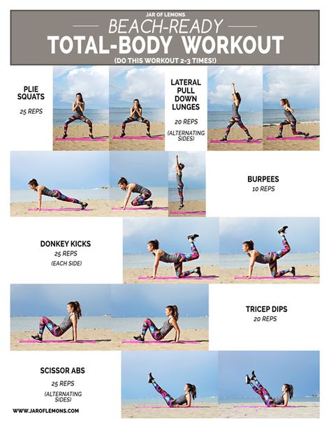 Get ready for the beach with this Total-Body Workout! No equipment needed! Beach Body Workout Plan, Plie Squats, Beach Workout, Beachbody Workouts, Beach Workouts, Training Workouts, Fitness Fun, Body Workout At Home, Body Workout Plan