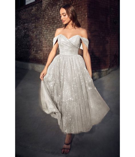 Silver Glitter Off The Shoulder Tea Length Gown - Unique Vintage - Womens, DRESSES, PROM AND SPECIAL OCCASION Tea Length Skirt, Cinderella Divine, Tea Length Wedding, Rehearsal Dinner Dresses, Unique Prom Dresses, Dress Drawing, Tea Length Wedding Dress, Wedding Dress Accessories, Glitter Dress