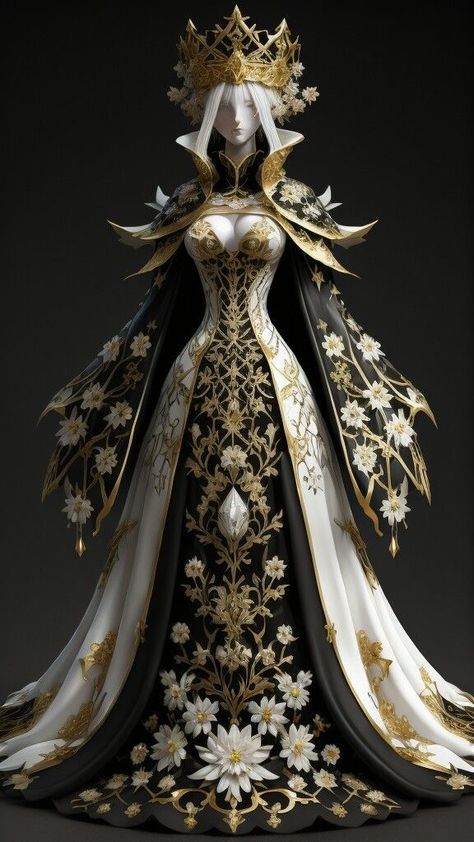 Evil Goddess Dress, Empress Concept Art, Black And Gold Fantasy Dress, Black Fantasy Dress Queens, Queen Gowns Royal, Fantasy Gowns Queens Fairytale, Unreal Dresses, Royal Dresses Queens Gowns, Gold Fantasy Dress