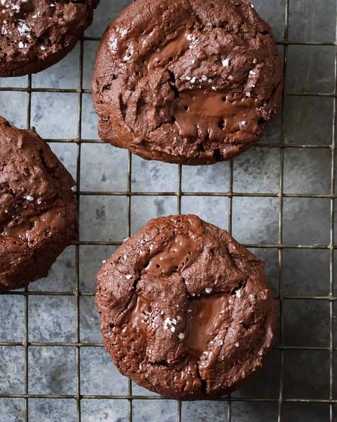 Soft-batch, vegan double chocolate cookies, packed with bittersweet dark chocolate. Soft Batch Cookies, Chunky Chocolate Chip Cookies, Soft Batch, Vegan Fried Chicken, Vegan Fries, Stuffed Cookies, Double Chocolate Chip Cookies, Double Chocolate Cookies, Vegan Peanut Butter