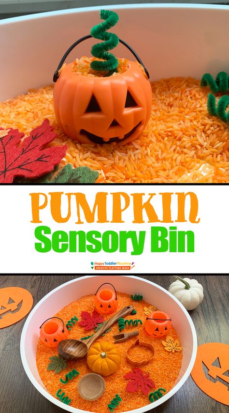 Pumpkin Rice Sensory Bin for Kids - Happy Toddler Playtime Halloween Rice Sensory Bin, Pumpkin Sensory Bin Preschool, Pumpkin Sensory, Rice Sensory Bin, Edible Sensory Play, Kindergarten Inquiry, Pumpkin Rice, Fall Sensory Bin, Fall Activities For Toddlers