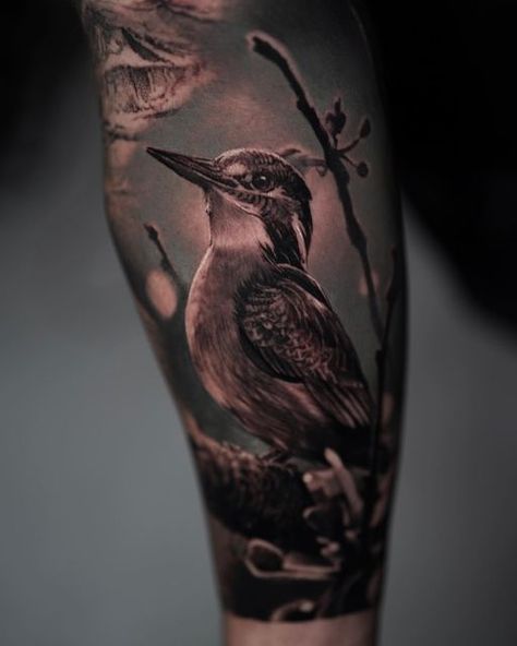 Bird Tattoo Realism, Blacked Out Bird Tattoos, Rainforest Tattoo Sleeve Black, Photorealism Tattoo, Realism Raven Tattoo, Bird And Flower Tattoo Realism, Kingfisher Tattoo Black And White, Kingfisher Tattoo, Simple Cat Tattoo