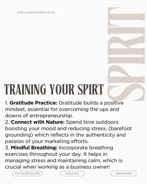 Train Your Mind, Body, and Spirit for Success 🌟 It’s essential to nurture every aspect of yourself—mind, body, and spirit for success. Here are my top three ways to train each and how they’ll help improve your overall skills: Mind: 1. Meditation & Mindfulness 2. Continuous learning 3. Journaling Body 1. Regular Exercise: 2. Healthy Eating 3. Adequate Sleep Spirit 1. Gratitude Practice 2. Connect with Nature 3. Mindful Breathing Remember, when you nurture your mind, body, and spirit, y... Mind Body Soul Spirit, Mindful Breathing, Gratitude Practice, Small Minds, Adequate Sleep, Connect With Nature, Train Your Mind, Balanced Life, Mind Body And Spirit