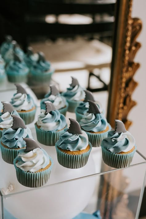 1st Birthday Shark Theme, In Two The Deep Birthday Boy, The Big One Cupcakes, Shark Theme First Birthday, Shark Themed First Birthday Party, Whale Party Ideas, Dive Into Five Birthday Boy, Dive Into 5 Birthday Party, Shark Birthday Party Cake