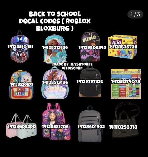 Book Bag Codes Bloxburg, Bloxburg Kindergarten Ideas, Backpack Decal Codes Bloxburg, Bloxburg School Room Ideas, Bloxburg School Names, Bookbag Decals Bloxburg, Bloxburg School Supplies Decals, Bloxburg Backpack Code Decal, Book Decal Codes Bloxburg