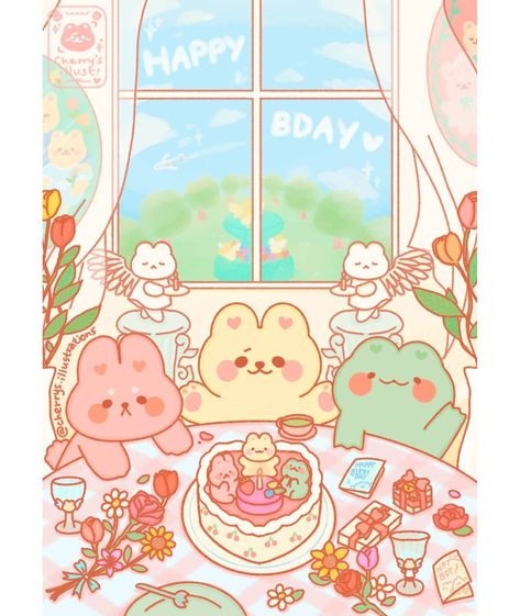 Cute Birthday Illustration, Birthday Kawaii, Kawaii Moon, Birthday Lunch, New Birthday, Birthday Illustration, Born In April, Kawaii Diy, Tumblr Art