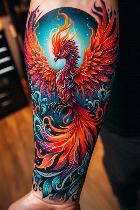 Flaming Phoenix Tattoo Fire, Woman Rising From The Ashes Tattoo, Phoenix Out Of The Ashes Tattoo, Phoenix Tattoo On Forearm, Phoenix Rising From Ashes Tattoo Women Thigh, Phoenix Images Tattoo Ideas, Phoenix Rising From Ashes Tattoo Feminine, Phoenix Tattoo Meaning, Rising Phoenix Tattoo Feminine