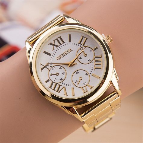 New Men and Women Watch Quartz Watch Wish Explosion Gold Fake Three-eyed Roman Word Stainless Steel Business Watch Geneva Watch, Gold Clock, Dress Watches, Watch Women, Watches Women Fashion, Rose Gold Watch, Dress Watch, Women Wrist Watch, Women's Watch