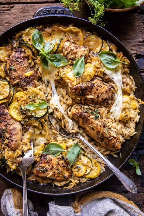 Skillet Garlic Butter Chicken and Zucchini Orzo | halfbakedhavrvest.com Half Baked Chicken Orzo, Half Baked Harvest Chicken Zucchini, Half Baked Harvest Chicken, Orzo Zucchini, Zucchini Orzo, Harvest Garlic, Chicken And Zucchini, Orzo Recipe, Half Baked Harvest Recipes