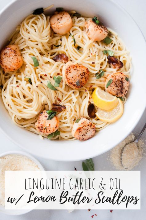 Lemon Butter Scallops, Scallop Recipes Pasta, Butter Scallops, Aglio E Olio Recipe, Scallop Pasta, Linguine Recipes, Aglio E Olio, Bruschetta Recipe, Scallop Recipes