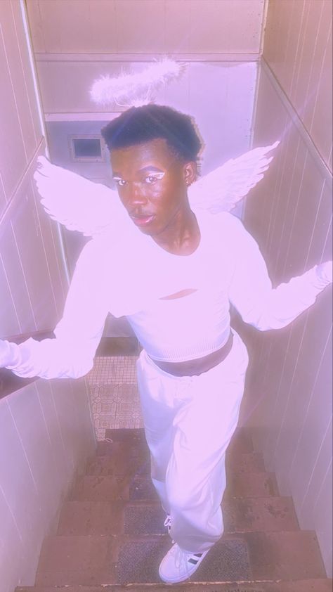 [ig]: carlctrlz & copycarl (follow me) #halloween #angel #costume #bratboyc #lgbt #aesthetic #whiteclothing #allwhiteoutfits #blackmodel #blackmalemodel #blackmenfashion #fashion #croptop #crophoodie #wings #fairy #gay #unisex Male Angel Halloween Costume, Male Angel Costume, Angel Costume Men, Photograph Reference, Lgbt Aesthetic, Single Icons, Angel Halloween Costumes, Wings Fairy, Male Angel