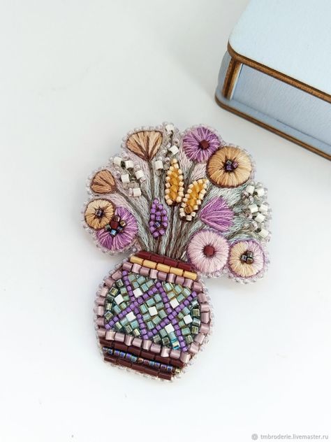 Embroidered brooch Lilac bouquet in a round vase. Brooch-pin. TMbroderie. Masters Fair. Photo #4 Beads Brooch, Brooch Embroidery, Lilac Bouquet, Brooch Art, Embroidered Brooch, Brooch Diy, Hand Embroidery Patterns Flowers, Round Vase, Handmade Jewelry Tutorials