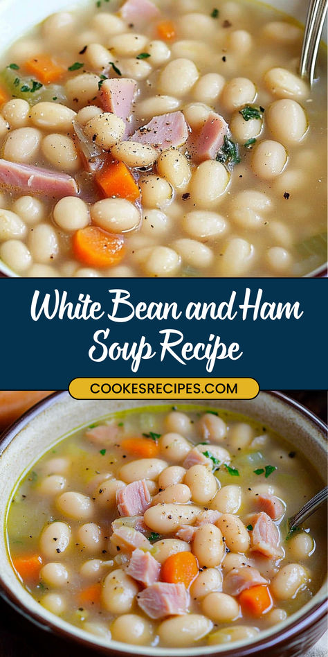 This hearty White Bean and Ham Soup is a comforting and flavorful dish that’s perfect for a cozy meal. It’s made with tender Great Northern beans, savory ham, and a blend of aromatic vegetables and seasonings. Crockpot Ham And White Bean Soup, Instant Pot Ham And White Bean Soup, Ham And Great Northern Bean Soup Recipes, Northern White Bean Soup, Lima Beans And Ham Soup, White Bean And Ham Soup Crockpot, White Beans And Ham Instant Pot, Ham Bean And Potato Soup, White Bean And Ham Soup Recipe