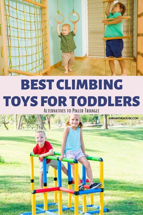 How to keep your toddler entertained indoors and outdoors. pikler triangle | nugger couch | wooden rocker | stepping stones | indoor gym Toddler Climbing Structure, Diy Toddler Climbing Structure, Toddler Obstacle Course, Climbing Toys For Toddlers, Diy Baby Gym, Toddler Climbing Toys, Toddler Play Area, Toddler Gym, Wooden Rocker