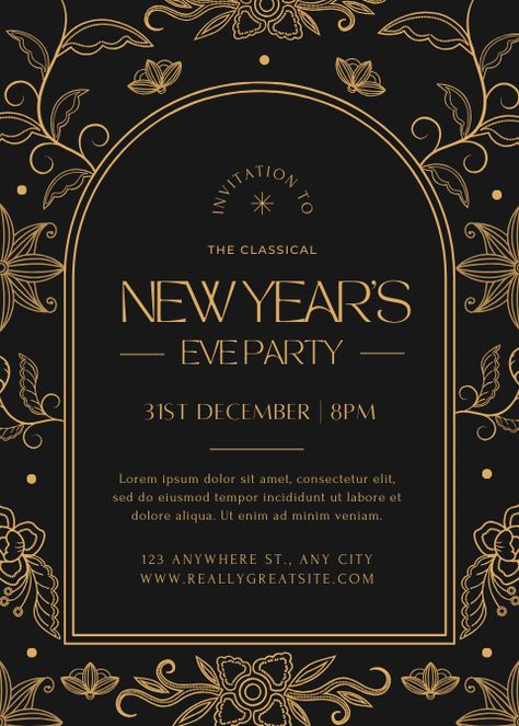 We are delighted to present to you our latest Christmas creations. Luxury and elegant NEw Year's Even event poster templates. Easily customasible and free to use. Available only @canva #newyear #newyear'seve #nye #resolutions #poster #party #event #clubbing #fireworks #champagne #luxuryposter #resolutions #newstart #freshyear #gatsby #gatsbyposter #gatsbystyle #snow #winter #season #holidays #9inchideas #graphics #graphicsdesign #art #design #creative #black #gold #partyposter #newyearposter New Years Eve Poster Design, 1920s New Years Eve Party, Gatsby Graphic Design, New Years Poster Design, New Years Eve Poster, New Years Flyer, New Year Invitation Card, Shoe Catalogue, New Year Party Poster