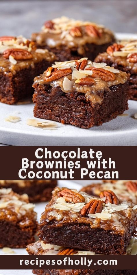 Whenever you crave a rich and chewy treat, these Chocolate Brownies with Coconut Pecan bring together fudgy chocolate and a crunchy, sweet coconut pecan topping for a decadent dessert experience. Pecan Chocolate Coconut Pie, Chocolate And Coconut Desserts, Brownies With Pecans, Brownies With Coconut, Chocolate Coconut Brownies, Pecan Pie Brownies, Coconut Brownies, Coconut Pecan Frosting, Pecan Topping