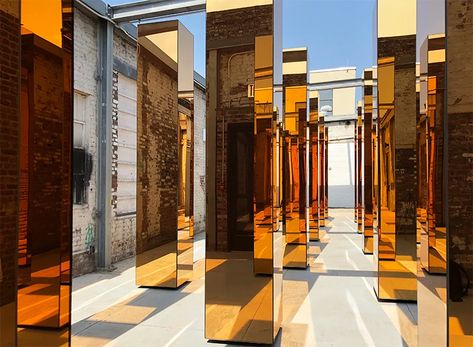 UVA's rotating gold columns immerse A/D/O, the creative space by MINI, with light, shadow and reflection Mirror Installation, Pillar Design, Column Design, Light Shadow, Decoration Inspiration, Brand Building, London Design, Art Deco Design, Public Art