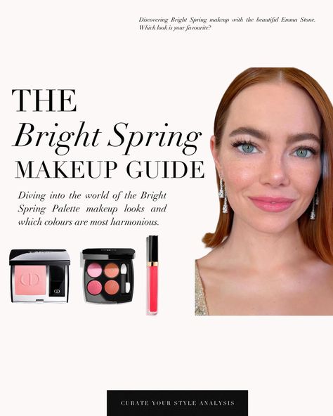 A Bright Spring makeup guide with the lovely Emma Stone 🤍 . #coloranalysis #colouranalysis #springpalette #brightspring #emmastone Bright Spring Makeup Products, Emma Stone Bright Spring, Bright Spring Eye Makeup, Bright Spring Makeup Palette, Bright Spring Eyeshadow, Bright Spring Color Palette Makeup, Warm Spring Makeup Looks, Bright Spring Makeup Looks, Bright Spring Color Palette Outfit