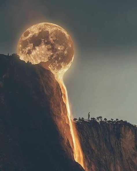 This is a full moon descending on Angel Falls, on the south side of Yosemite, just west of Sentinel Rock. For a few days each year, it appears as though the the moon is draining through the waterfall. Cer Nocturn, Moon Pictures, Beautiful Moon, Jolie Photo, Alam Yang Indah, Amazing Nature, Nature Pictures, Nature Beauty, Beautiful World