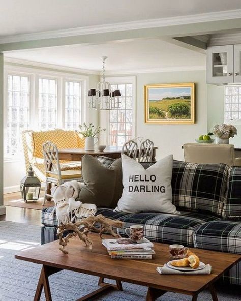 Modern Vintage Interior Design, Plaid Couch, Plaid Living Room, Summer Living Room Decor, Boston Living Room, Boston Interior Design, Plaid Sofa, Summer Living Room, Farmhouse Living Room Decor Ideas