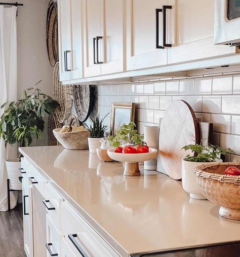 White Cabinets Tan Countertops, White Cabinets Beige Countertops, Beige Countertops Kitchen, Beige Countertops, White Shaker Cabinet, Brown Countertop, Beige Kitchen Cabinets, Condo Inspiration, Cream Cabinets