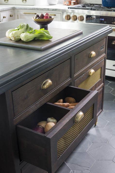 Storage Solutions: Kitchen Drawers - Studio Dearborn | Interior Design Studio Dearborn, Sarah Robertson, Cookbook Storage, Island Storage, Kitchen Island Storage, Potato Storage, Vegetable Drawer, Kitchen Built In, Produce Storage