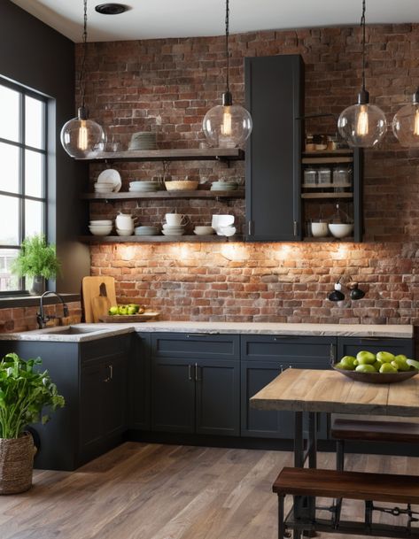 Trending Backsplash, City Apartment Kitchen, Dark Rustic Kitchen, Open Kitchen Remodel, Modern City Apartment, Kitchen 2025, Home Transformation, Grey Countertops, Brick Backsplash