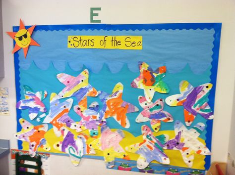 Starfish Sea Star bulletin board I had my students paint paper on the easel with vibrant colors and then cut out the Sea stars after they were dry. They glued on 1 googley eye near the middle of the star and a few sequence all around the star. Fish Bulletin Boards, Sea Bulletin Board, Toddler Bulletin Boards, Music Bulletin Boards, Ocean Theme Preschool, Ocean Classroom, Under The Sea Crafts, Stars Classroom, Summer Bulletin Boards