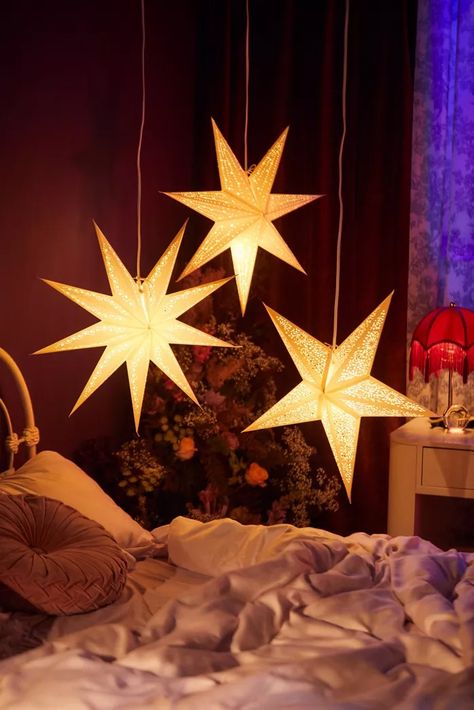 UO Home: Décor + Furnishings | Urban Outfitters Christmas Lights On The Ceiling, Christmas Star Aesthetic, Whimsigoth Board, Whimsigoth Christmas, Whimsy Christmas, Lanterns Bedroom, Star Lanterns, Star Paper, Paper Lantern