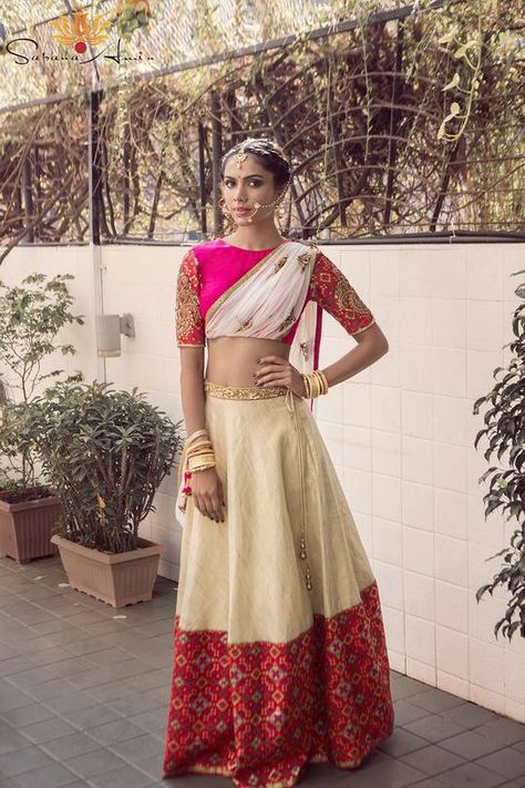 Love this cream lehenga with pink blouse and attached dupatta. Click on image to see price. #Frugal2Fab Lehenga Indian, Gold Lehenga, Lehenga Crop Top, Lehenga Pattern, Pattu Pavadai, Ethnic Beauty, Crop Top Lehenga, Lehenga Jewellery, Girl Guide