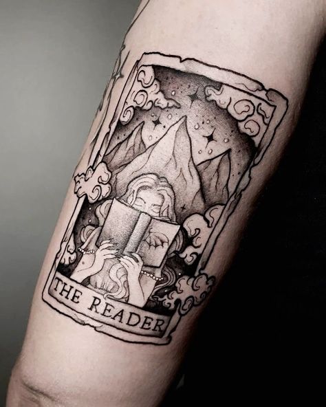 Crow And Books Tattoo, Acotar Tarot Tattoo, Bookish Tattoos Traditional, Bookish Matching Tattoos, Acotar Tarot Card Tattoo, Library Card Tattoo, Tarot Card Tattoo Star, Fantasy Reader Tattoo, Book Tarot Card Tattoo