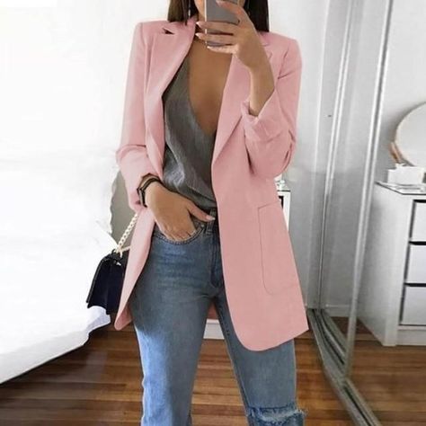 4d6e4749289c4ec58c0063a90deb3964desc49615558ri Womens Casual Suits, Blazer And Jeans, Slim Cardigan, Mode Mantel, Casual Blazer Women, Stylish Suit, Leisure Suit, Pink Blazer, Casual Suit