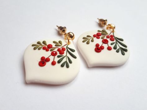 Dangle Christmas Clay Earrings, Christmas Polymer Clay Earrings, Christmas Clay Jewelry, Unique handmade Christmas gift for women, Mom gift These are unique, handmade, polymer clay earrings with winter flower motifs with Swarowski crystal. These beautiful earrings are pieces of original and unique artwork. The method is known as 'appliqued technique'. Using tiny pieces of clays and a sharp needle. I don't use molds to prepare my jewelry.  Each small parts of the motifs are made by hand and place Winter Polymer Clay Earrings, Christmas Earings, Polymer Clay Christmas Earrings, Clay Christmas Earrings, Christmas Clay Earrings, Cercei Din Lut Polimeric, Clay Earrings Christmas, Christmas Polymer Clay, Polymer Clay Embroidery