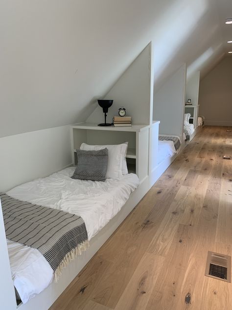 Bed In Eaves, Built In Bed Attic, Built In Attic Beds, Beds For Attic Rooms, Sloped Roof Bedroom, Open Loft Bedroom, Attic Room Ideas Slanted Walls, Attic Beds, Small Attic Room