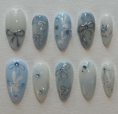 Sleepy Bunny, Sky Blue Nails, Bunny Nails, Pretty Gel Nails, Really Cute Nails, Japanese Nails, Soft Nails, Jelly Nails, Kawaii Nails