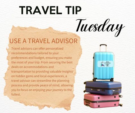 Welcome to Travel Tip Tuesday! 🌍✈️ Every Tuesday, we'll be sharing insightful tips, tricks, and advice to make your travel experiences smoother, more enjoyable, and hassle-free. Whether you're a seasoned globetrotter or a first-time explorer, stay tuned for valuable insights to enhance your journeys! #PackYourBagsAndCarryOn #TravelTipTuesday #TravelSmart Travel Tips Tuesday, Travel Consultant Business, 2023 Scentsy, Travel Agent Career, Tuesday Post, Travel Tip Tuesday, Interactive Post, Travel Consultant, Travel Tuesday