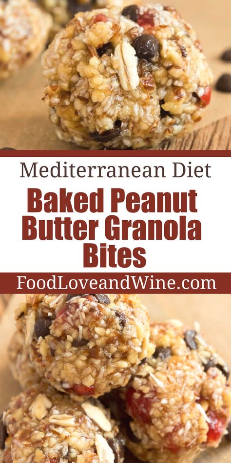 Baked Peanut Butter Granola Bites, a healthier snack or cookie option that is Mediterranean diet and vegetarian diet friendly Mediterranean Cookie Recipes, High Protein Mediterranean Snacks, Mediterranean Diet Dessert Recipes Healthy, Meditterean Snacks, Mediterranean Snack Plate, Mediterranean Diet Snacks Ideas On The Go, Medditeranean Snack Ideas, Mediterranean Fruit Recipes, Easy Mediterranean Diet Recipes Desserts