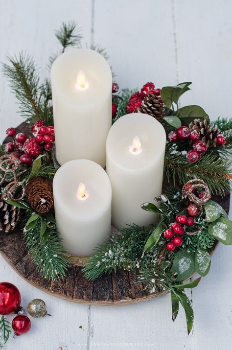 Create a beautiful Christmas vignette in less than 5 minutes with a charger plate, candles, and garland. | www.andersonandgrant.com Christmas Centerpieces Using Charger Plates, Table Centrepiece Ideas Christmas, Christmas Plate Decor, Diy Christmas Centerpieces For Round Table, Christmas Wreaths With Candles, Charger Plate Centerpiece, Charger Plate Christmas, Easy Christmas Centerpieces, Charger Plates Christmas